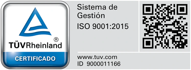 Sistema de Gestión ISO 9001:2015 certificado por TÜV Rheinland con código QR